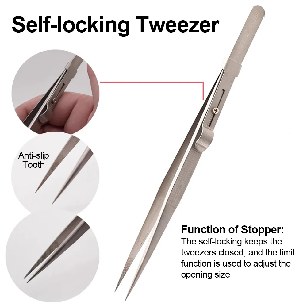 Adjustable Self Clamping Tweezers Jewelry Making Tool Slide Lock Stainless Steel Tweezers Electronic Component Repair Tools - Image 10