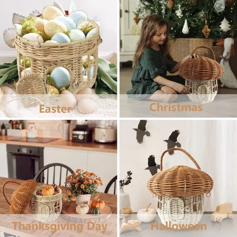 Rattan Mushroom Storage Basket Cute Cartoon Handwoven Nut Wicker Handbag Outdoor Picnic Women Tote Straw Bag Children Organizer - Image 13